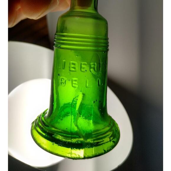 Liberty Bell Other - Green Carnival Glass Bottle Liberty Bell PA Medicine 1970's Mini 3" Retro